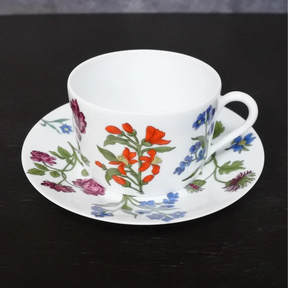 Vintage 70s Porcelaine de Paris Limoges Decor Herbier Coffee Tea Cup Saucer Set